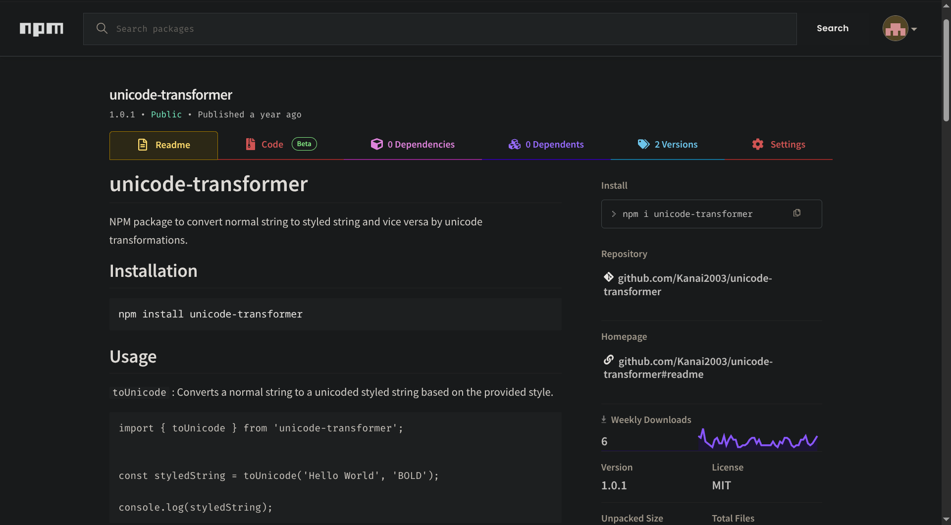 NPM page of Unicode Transformer